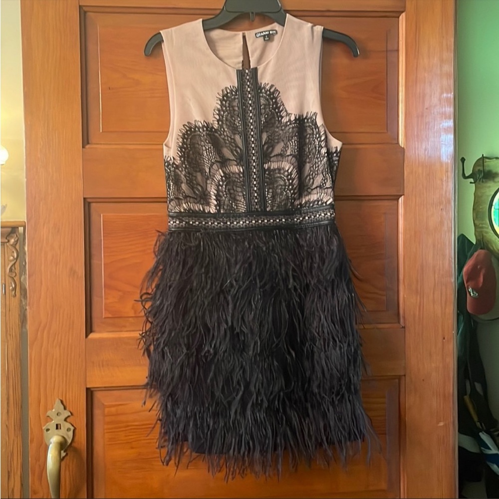 Gianni Bini feathered cocktail dress.